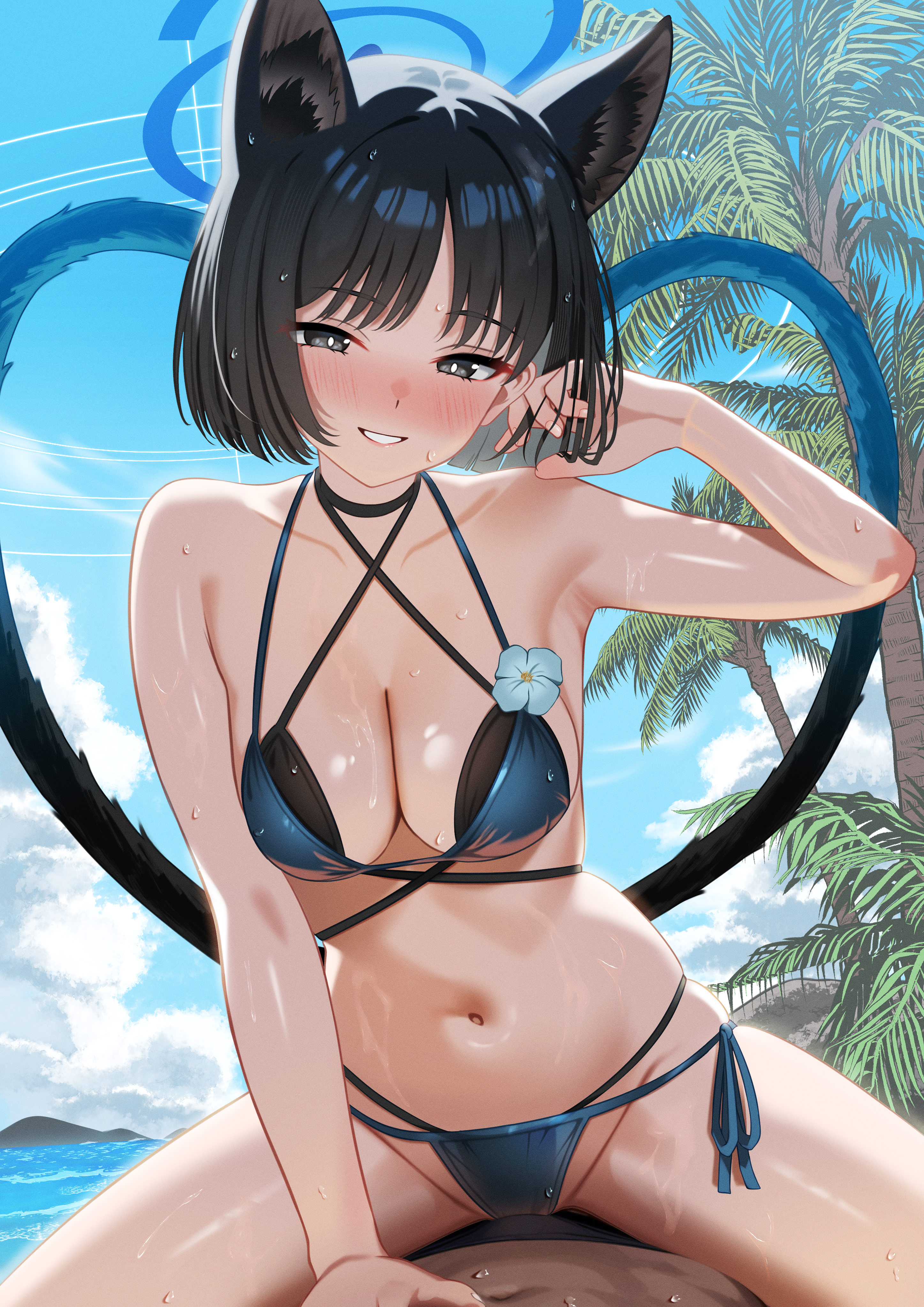 mn (tk-xyz), kikyou (blue archive), kikyou (swimsuit) (blue archive), blue archive, absurdres, highres, 1boy, 1girl, animal ears, assertive female, bare arms, bikini, black choker, black hair, black male swimwear, black tail, blue bikini, blue flower, blue halo, blue sky, blue tail, blush, breasts, bright pupils, cat ears, cat girl, cat tail, choker, cleavage, criss-cross halter, criss-cross straps, flower, girl on top, gradient tail, grey eyes, halo, halterneck, hand in own hair, hand on another's stomach, hand up, hetero, layered bikini, looking at viewer, male swimwear, medium breasts, multi-strapped bikini bottom, multiple tails, navel, nose blush, official alternate costume, outdoors, palm tree, parted lips, pov, seductive smile, short hair, side-tie bikini bottom, sky, smile, spread legs, stomach, straddling, string bikini, swimsuit, tail, tree, two tails, wet, white pupils