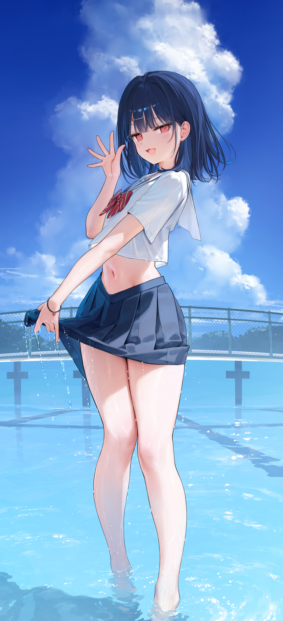 mignon, ichigo (mignon), original, highres, 1girl, barefoot, black hair, blue skirt, blue sky, blush, bracelet, breasts, cloud, cloudy sky, day, food-themed hair ornament, hair ornament, hairclip, jewelry, looking at viewer, medium hair, navel, open mouth, outdoors, pleated skirt, pool, red eyes, sailor collar, school uniform, serafuku, shirt, short sleeves, skirt, skirt hold, sky, small breasts, smile, soaking feet, solo, standing, standing on liquid, strawberry hair ornament, water, wet, white sailor collar, white serafuku, white shirt
