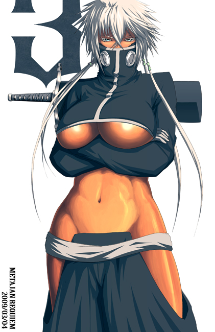 k-suwabe, tier harribel, bleach, 00s, 1girl, abs, alternate color, arrancar, blonde hair, breasts, crossed arms, dark-skinned female, dark skin, female focus, large breasts, navel, number tattoo, revealing clothes, solo, sword, tattoo, underboob, weapon