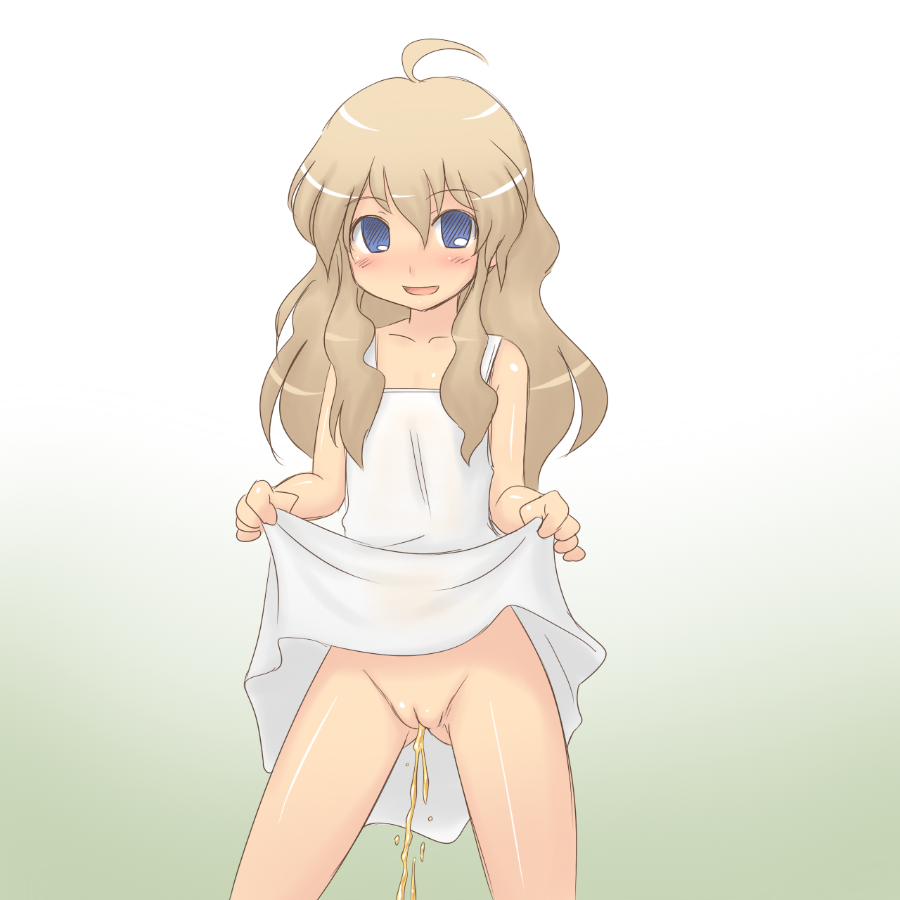 aaaa (quad-a), original, bad id, bad pixiv id, highres, 1girl, ahoge, blue eyes, blush, bottomless, brown hair, cleft of venus, clothes lift, curtsey, dress, dress lift, female focus, flat chest, happy, loli, no panties, pee, peeing, peeing self, purposeful wetting, pussy, skirt, solo, sundress, uncensored, upskirt, white dress, white skirt