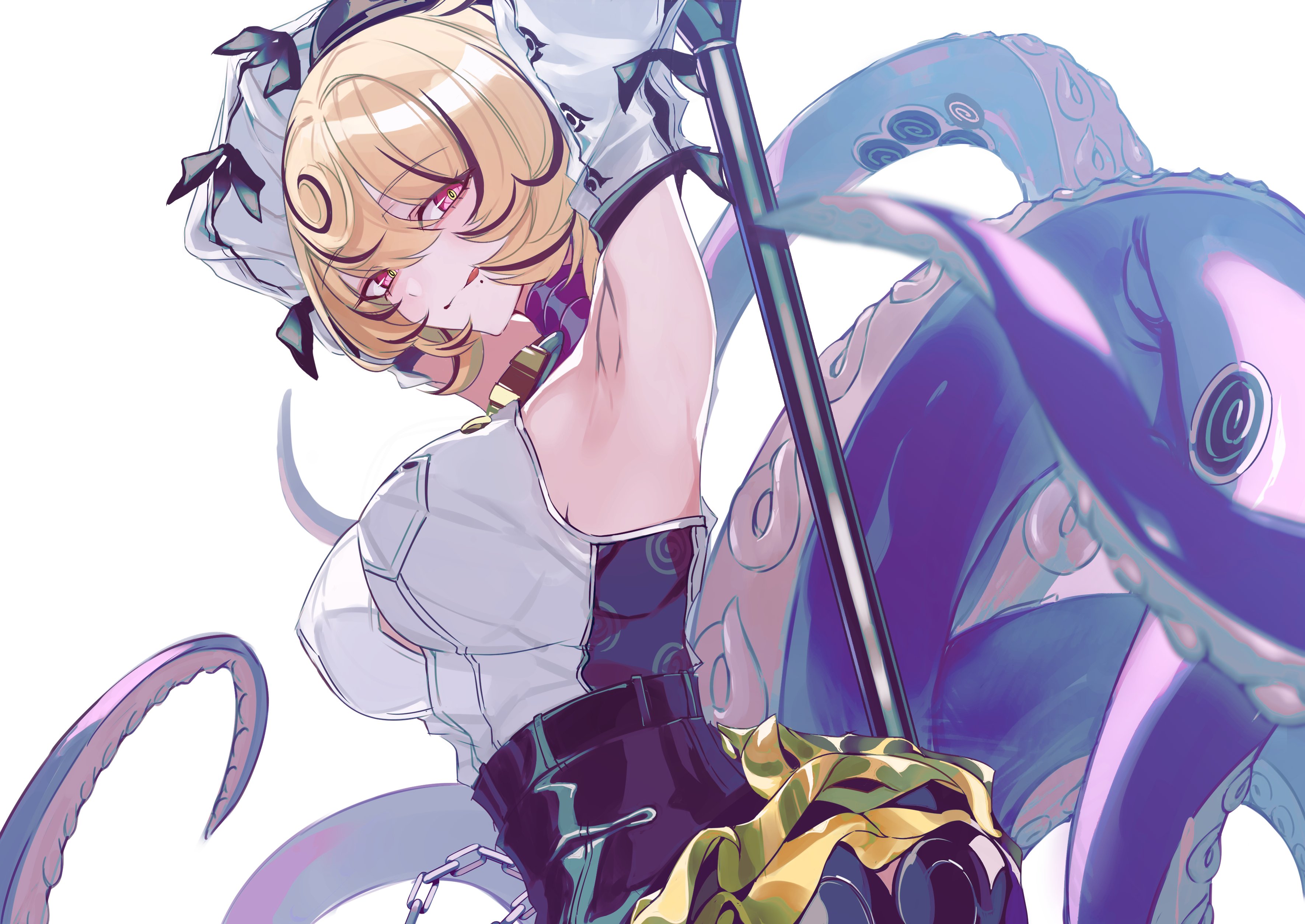 sas (ls08b), yidhari murphy, zenless zone zero, absurdres, commentary request, highres, 1girl, accessories, armpits, arms up, black bow, black hat, blonde hair, bow, breasts, button gap, detached sleeves, from side, green pupils, hair between eyes, hat, high-waist shorts, holding, holding behind back, holding weapon, holding weapon behind back, large breasts, looking at viewer, mole, mole under mouth, monster girl, octopus, purple eyes, scylla, shirt, short hair, shorts, solo, tentacle girl, tentacle tail, tentacles, tongue, tongue out, weapon, white background, white shirt, white sleeves