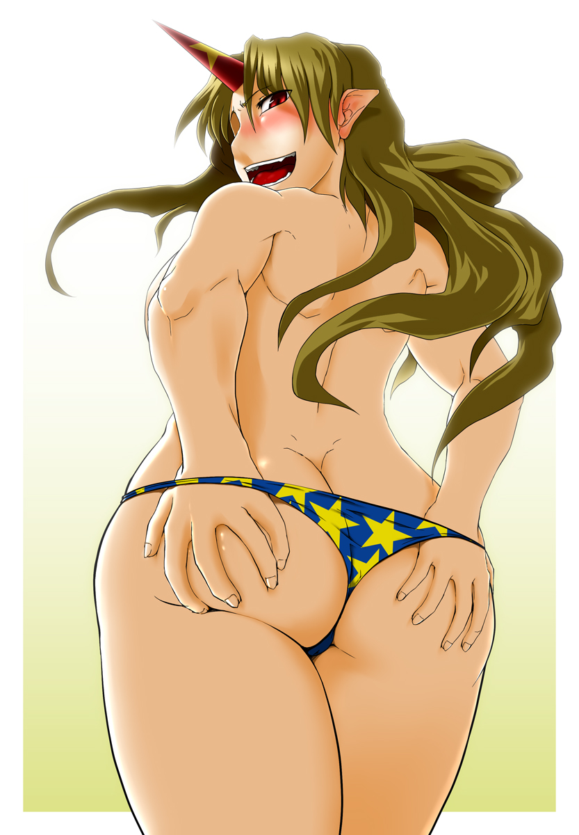 qoom, hoshiguma yuugi, touhou, highres, 1girl, ass, blonde hair, bottomless, breasts, butt crack, fang, female focus, grabbing own ass, horns, large breasts, looking back, oni, panties, pointy ears, print panties, red eyes, single horn, solo, thong, topless female, underwear, underwear only