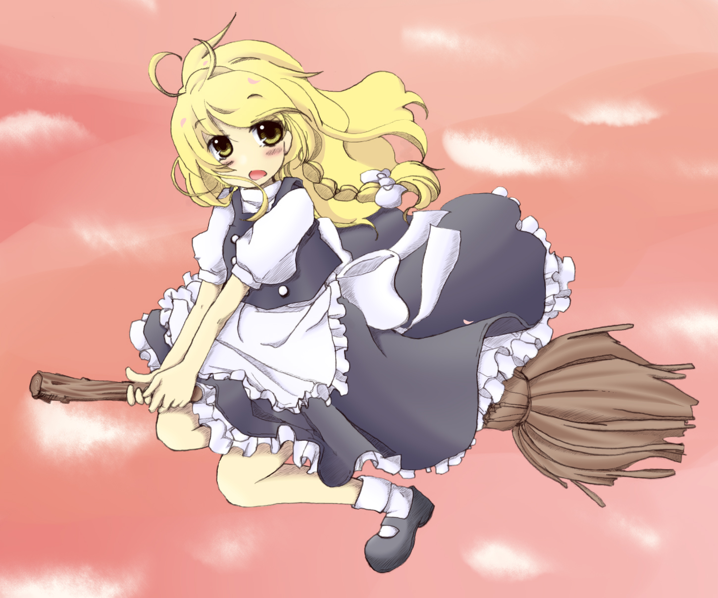 kirisame marisa, touhou, bad id, bad pixiv id, highres, 1girl, blonde hair, braid, broom, broom riding, cloud, female focus, full body, outdoors, sky, solo, yellow eyes