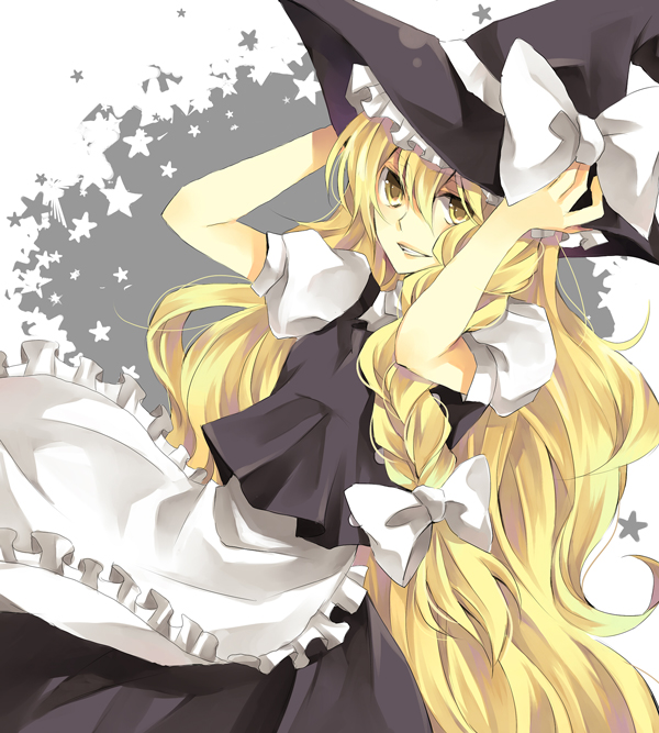 karu, yuzuki karu, kirisame marisa, touhou, bad id, bad pixiv id, 1girl, blonde hair, braid, female focus, hand on headwear, hat, ribbon, solo, witch, witch hat
