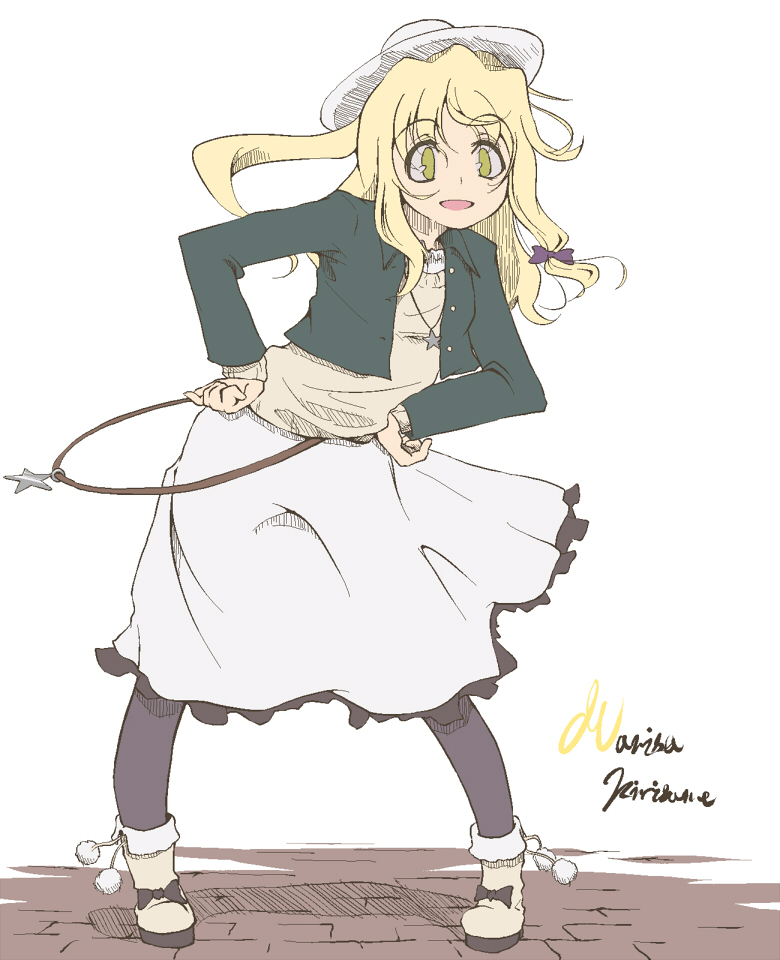 aya shachou, kirisame marisa, touhou, bad id, bad pixiv id, 1girl, alternate costume, blonde hair, casual, character name, contemporary, female focus, full body, hat, pantyhose, ribbon, skirt, solo, star (symbol)