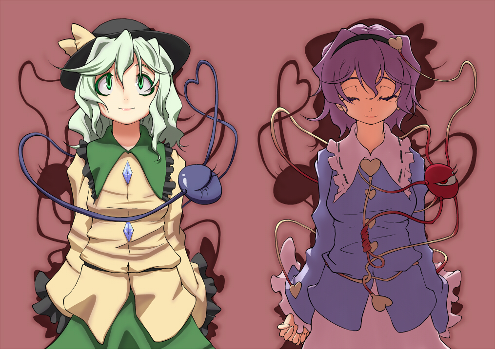 aya shachou, komeiji koishi, komeiji satori, touhou, bad id, bad pixiv id, 2girls, cover, female focus, green eyes, green hair, hat, heart, heart of string, holding hands, multiple girls, siblings, sisters