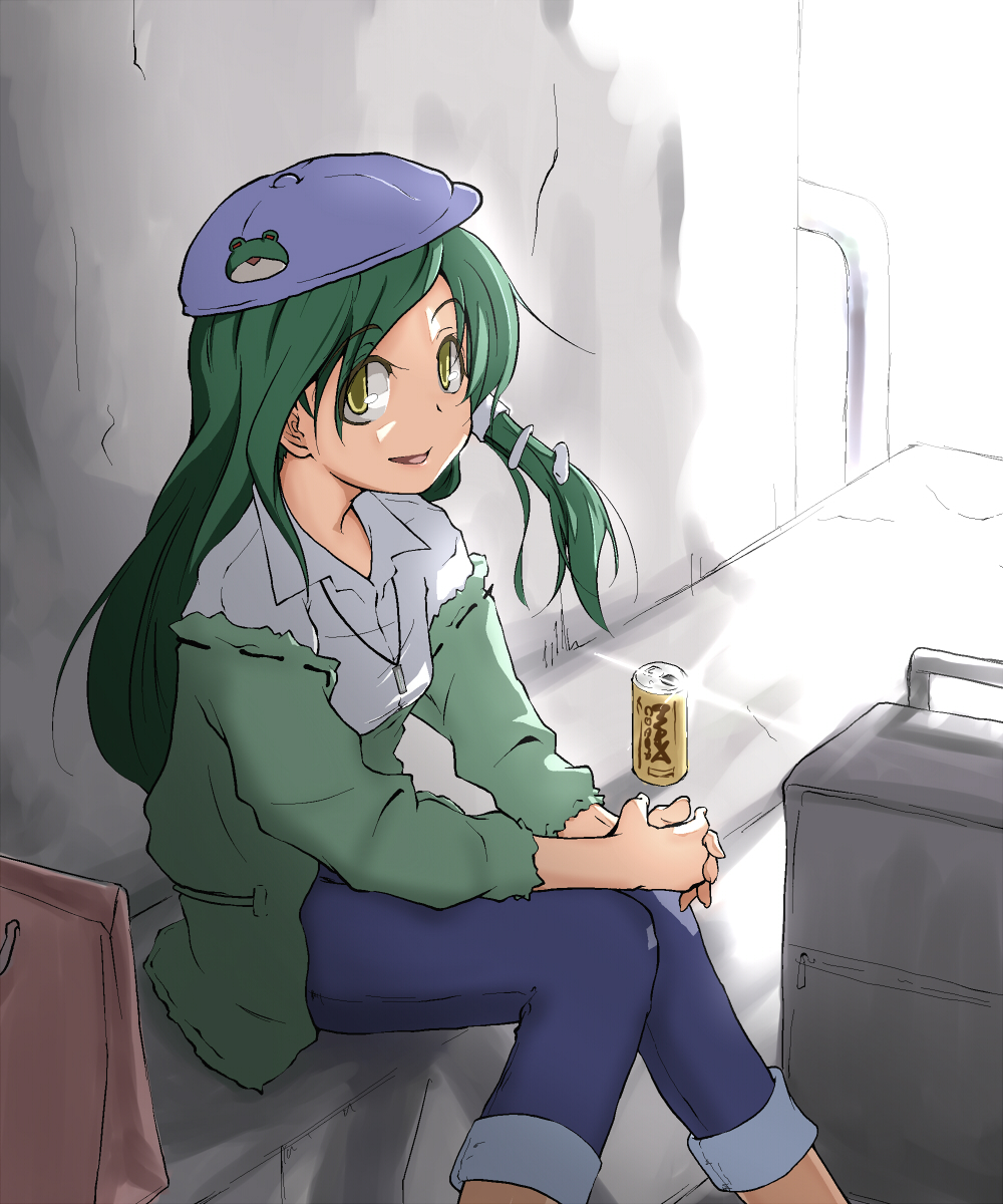aya shachou, kochiya sanae, touhou, bad id, bad pixiv id, highres, 1girl, alternate costume, casual, contemporary, denim, female focus, flat cap, frog, green hair, hat, jeans, pants, solo, yellow eyes