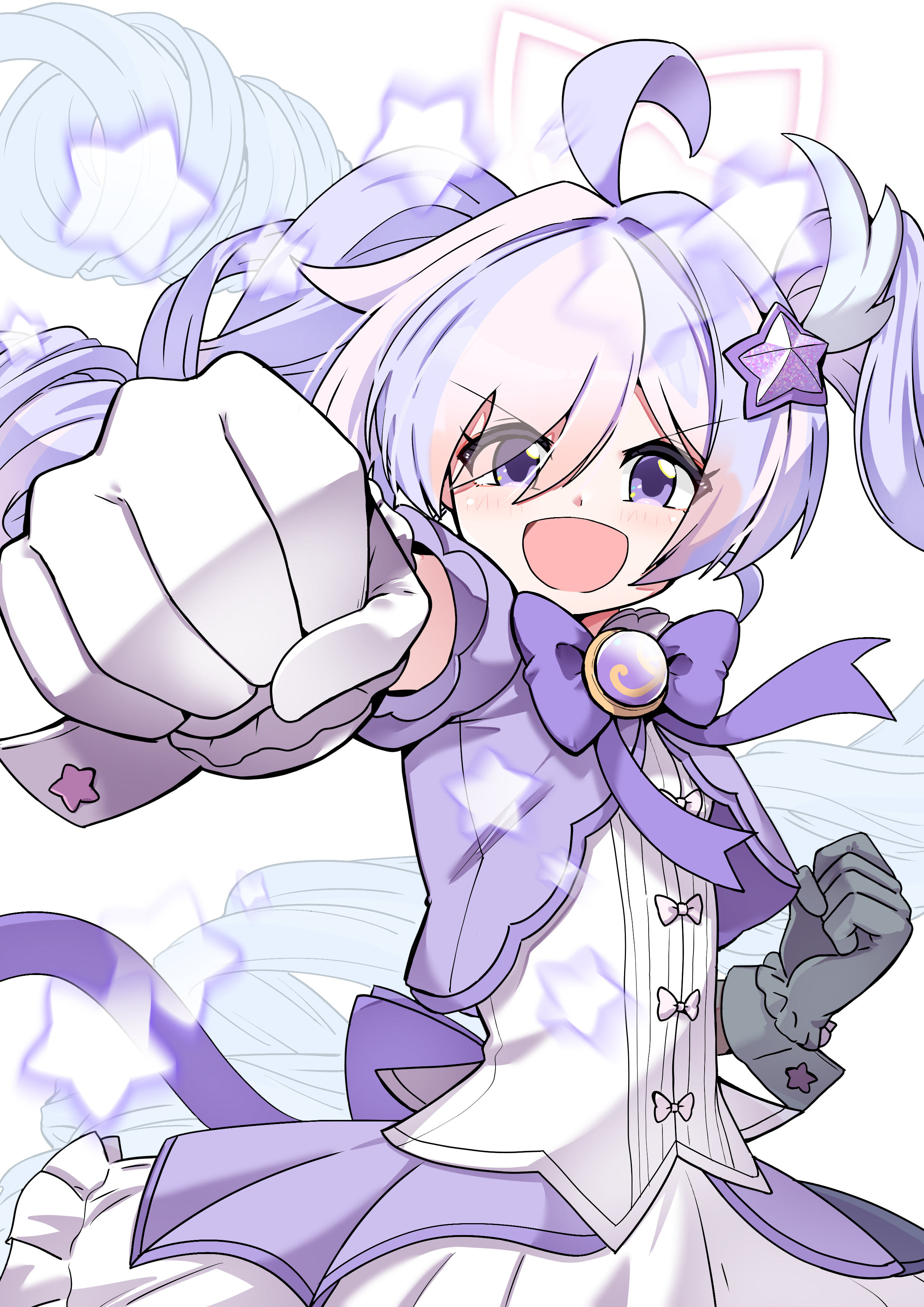 9-san, reisa (blue archive), reisa (magical) (blue archive), blue archive, absurdres, highres, 1girl, ahoge, bow, clenched hands, dress, gloves, hair ornament, long hair, purple bow, purple eyes, purple hair, raised fist, star (symbol), star hair ornament, twintails, white gloves