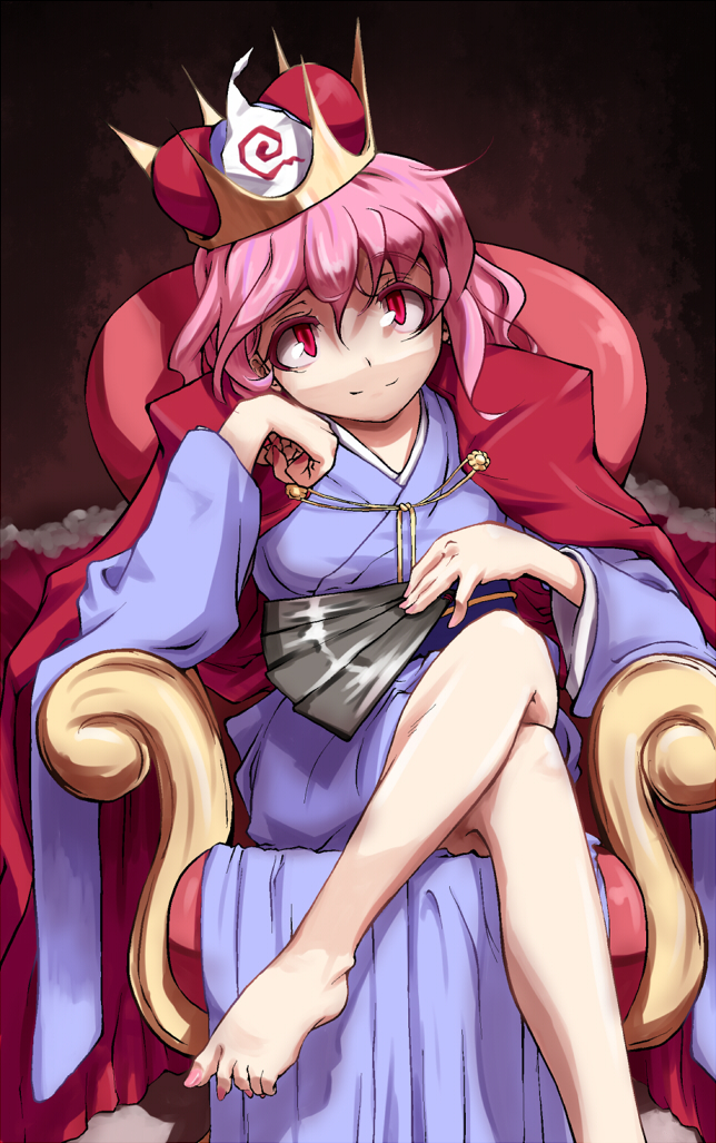 aya shachou, saigyouji yuyuko, touhou, bad id, bad pixiv id, 1girl, barefoot, crossed legs, crown, feet, female focus, hand fan, japanese clothes, long toenails, nail polish, pink hair, pink nails, red eyes, sitting, smile, solo, toenail polish, toenails, toes