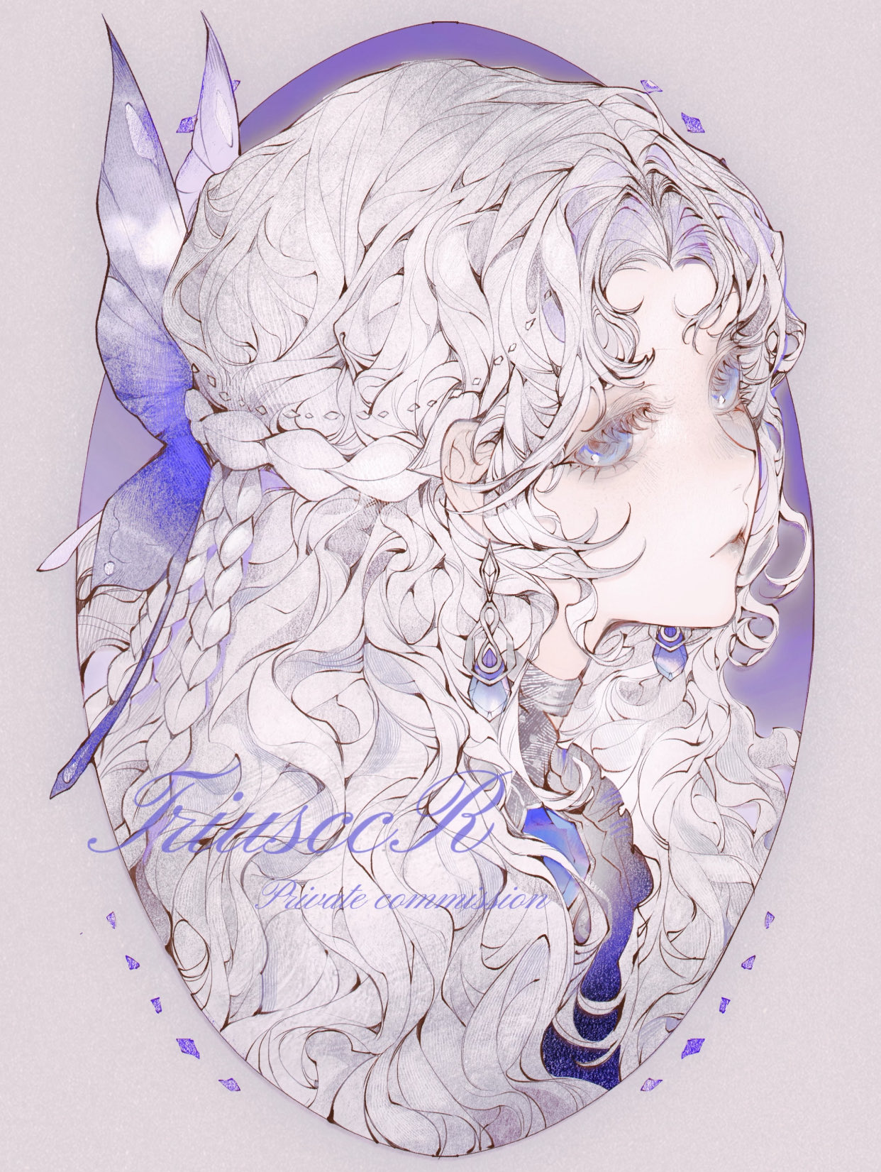 anyloool, original, commission, highres, 1girl, blue eyes, braid, bug, butterfly, butterfly hair ornament, closed mouth, colored eyelashes, earrings, eyelashes, hair ornament, insect, jewelry, lips, long hair, looking afar, parted bangs, portrait, purple butterfly, solo, white hair