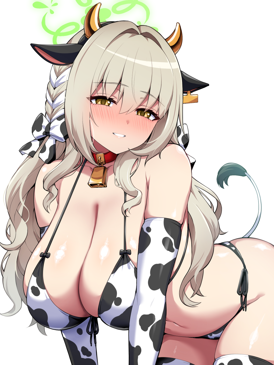 kanno takanori, miyo (blue archive), blue archive, commentary request, highres, 1girl, animal ear hairband, animal ears, animal print, bare shoulders, bell, bikini, blush, braid, breasts, cleavage, cow ear hairband, cow ears, cow horns, cow print, cow print bikini, cow print gloves, cow print thighhighs, cowbell, ear tag, elbow gloves, fake animal ears, fake horns, front-tie bikini top, front-tie top, gloves, green halo, grey hair, hair ribbon, hairband, halo, horns, large breasts, long hair, looking at viewer, neck bell, print bikini, print gloves, print thighhighs, ribbon, ribbon braid, side-tie bikini bottom, simple background, solo, string bikini, swimsuit, thighhighs, white background, yellow eyes