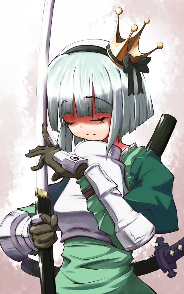 aya shachou, konpaku youmu, touhou, silver hair, bad id, bad pixiv id, 1girl, crown, female focus, gauntlets, gloves, gradient background, hairband, hat, katana, ribbon, solo, sword, weapon, white background
