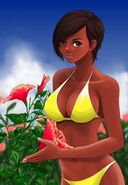 hybrid cat, lisa hamilton, dead or alive, tecmo, 1girl, bikini, brown eyes, brown hair, dark-skinned female, dark skin, day, flower, hibiscus, lipstick, makeup, nail polish, short hair, swimsuit, yellow bikini