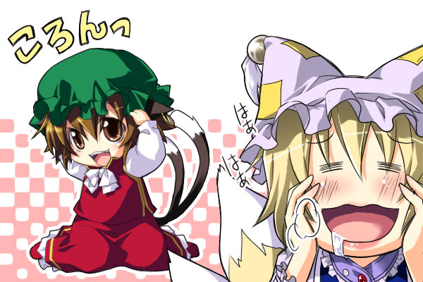 onemu, chen, yakumo ran, touhou, bad id, bad pixiv id, 2girls, = =, animal ears, animal hat, blonde hair, brown hair, cat ears, cat girl, cat tail, drooling, earrings, female focus, fox tail, hands on own face, hat, jewelry, long sleeves, mob cap, multiple girls, multiple tails, open mouth, saliva, short hair, tail, tassel