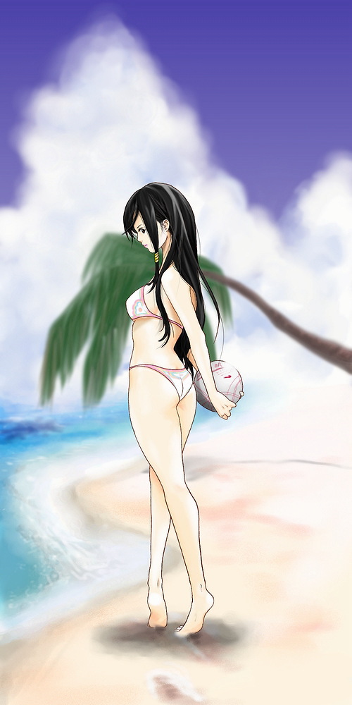 hybrid cat, kokoro (doa), dead or alive, tecmo, 1girl, ball, barefoot, beach, bikini, black hair, brown eyes, butt crack, day, feet, female focus, legs, lips, long hair, ocean, outdoors, palm tree, soles, solo, swimsuit, toes, tree, volleyball, volleyball (object)