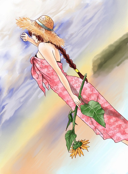 hybrid cat, kasumi (doa), dead or alive, tecmo, beach, braid, brown eyes, brown hair, dress, flower, hat, long hair, single braid, straw hat, sunflower