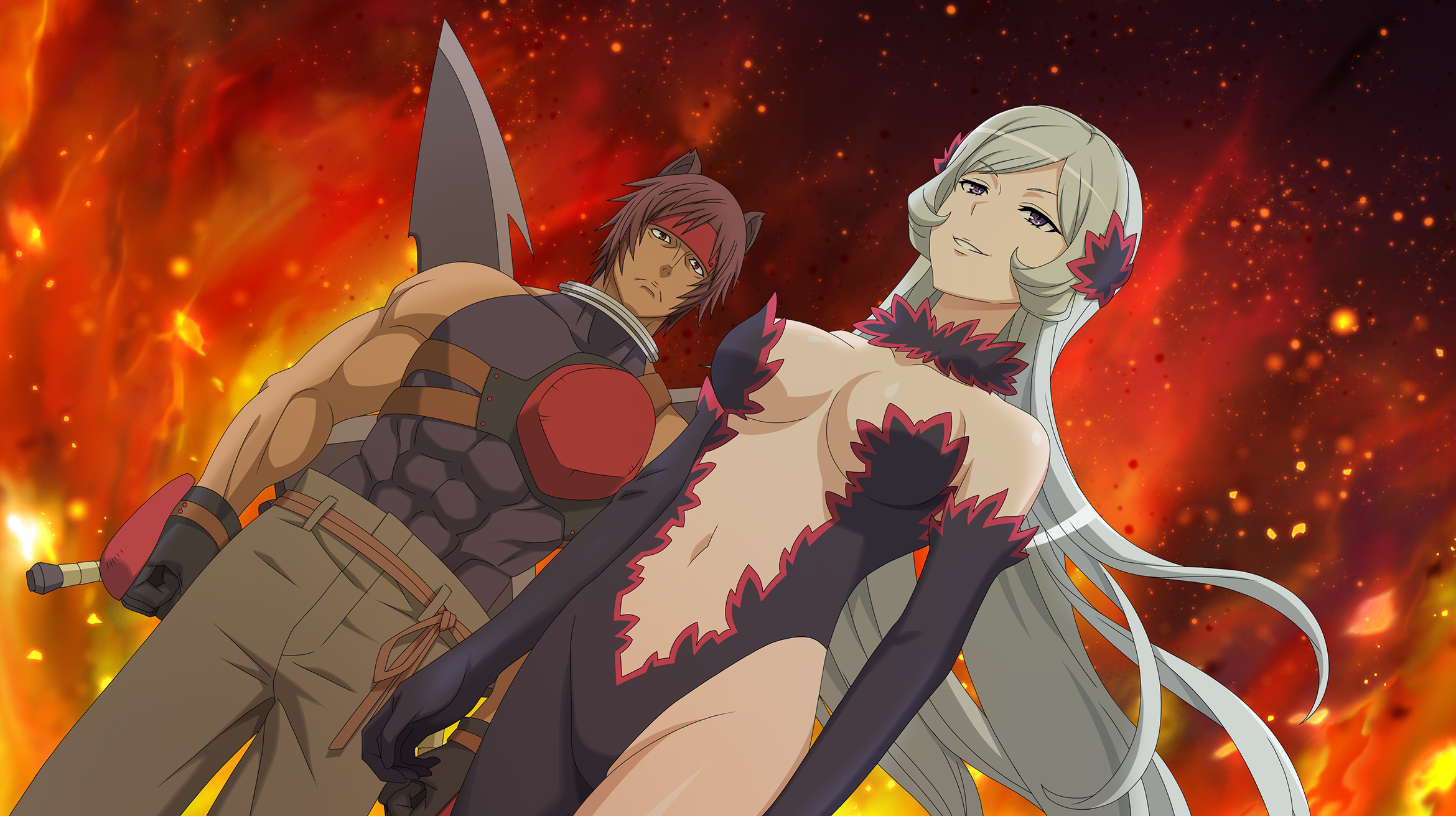 freya (danmachi), danmachi battle chronicle, dungeon ni deai wo motomeru no wa machigatteiru darou ka, game cg, highres, non-web source, official art, 1boy, 1girl, abs, animal ears, anime coloring, armor, black gloves, black shirt, boar boy, boar ears, breastplate, breasts, brown eyes, brown hair, brown pants, closed mouth, compression shirt, elbow gloves, fire, flipped sidelocks, forehead protector, frown, gloves, grey hair, hair ornament, long hair, looking at another, medium breasts, muscular, muscular male, navel, ottar (danmachi), pants, parted bangs, parted lips, purple eyes, revealing clothes, shirt, short hair, sleeveless, sleeveless shirt, smile, standing, stomach, sword, sword on back, weapon, weapon on back