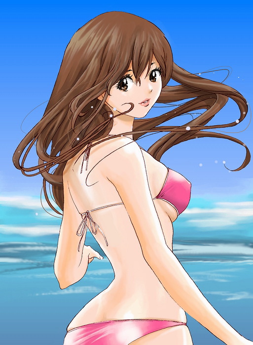 hybrid cat, kasumi (doa), dead or alive, tecmo, 1girl, beach, bikini, brown eyes, brown hair, day, lipstick, long hair, makeup, ocean, outdoors, swimsuit