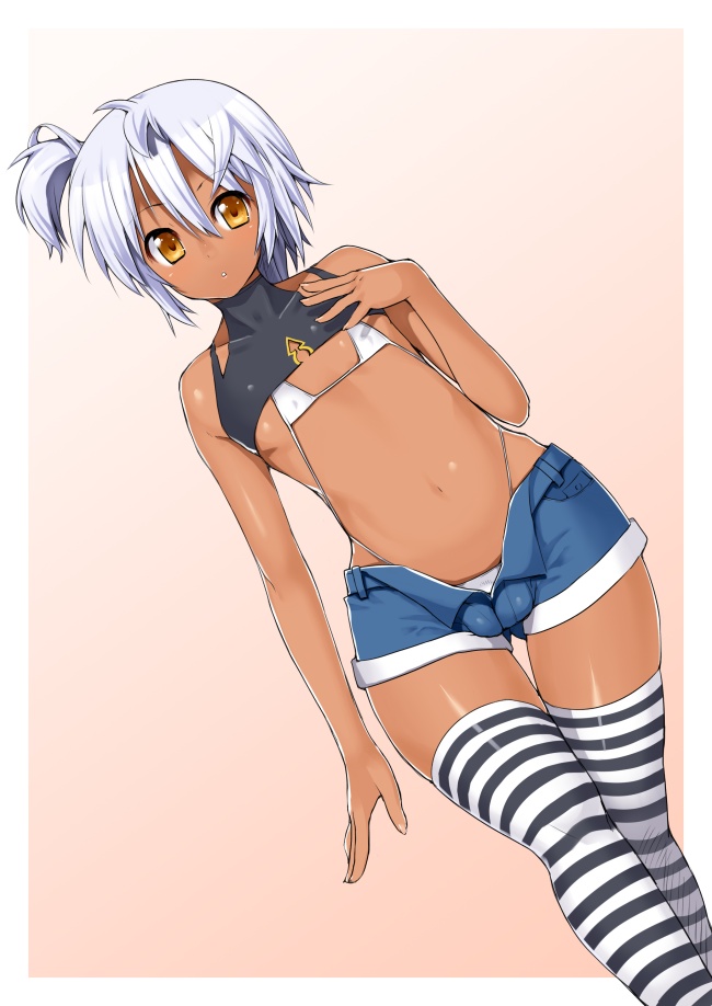 nagase haruhito, original, silver hair, bad id, bad pixiv id, 1boy, :o, androgynous, asymmetrical hair, bikini, bikini under clothes, black shirt, border, bulge, crop top, dark-skinned male, dark skin, denim, denim shorts, dutch angle, gradient background, hair between eyes, hand on own chest, high collar, highleg, highleg bikini, hip focus, legs together, looking at viewer, male focus, micro bikini, navel, open fly, outside border, pink background, shirt, short hair, short shorts, shorts, side ponytail, simple background, sleeveless, sleeveless shirt, solo, striped clothes, striped thighhighs, swimsuit, swimsuit under clothes, thigh gap, thighhighs, trap, unzipped, white border, wide hips, yellow eyes