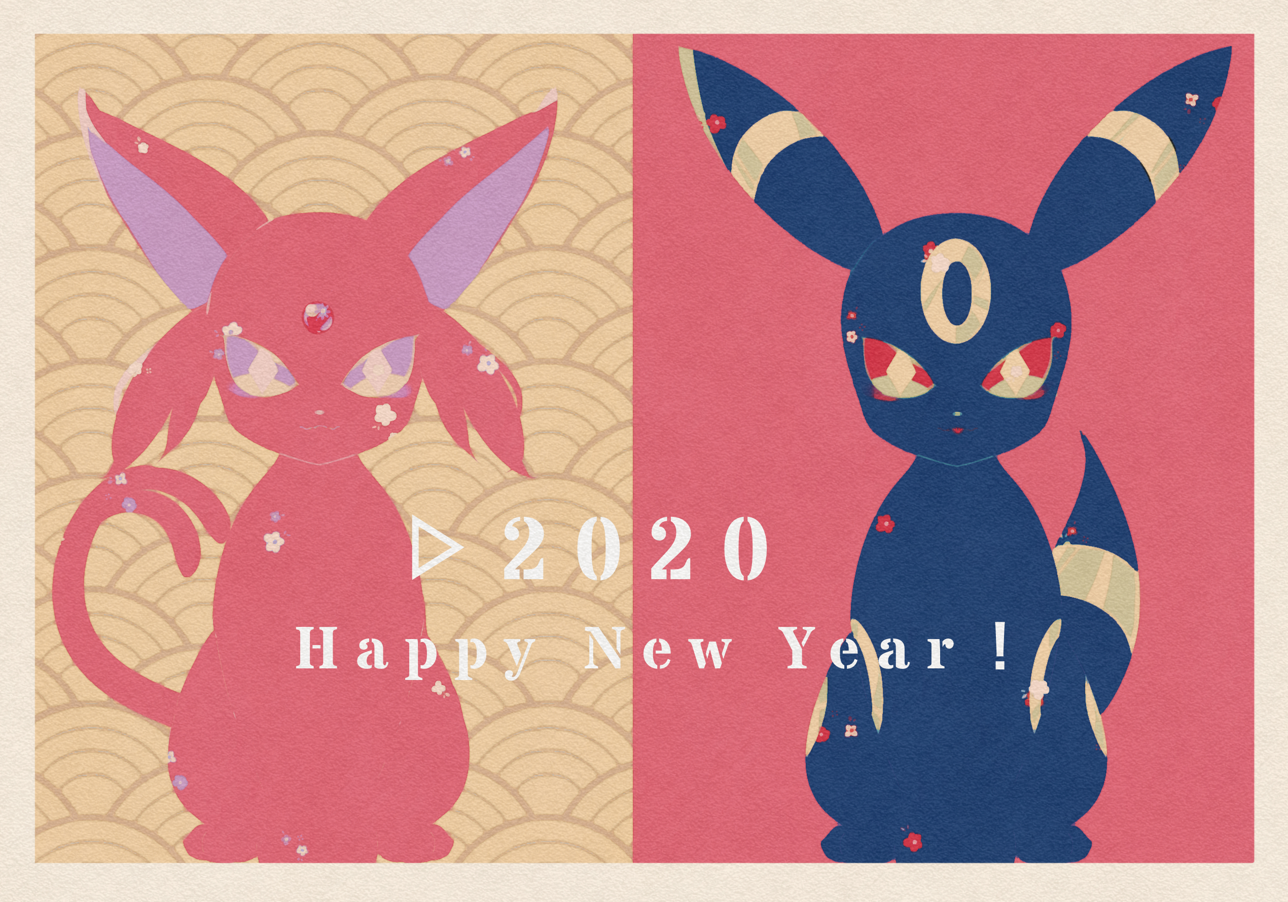 iogi (iogi k), espeon, umbreon, nintendo, pokemon, 2020, :3, animal focus, border, closed mouth, dated, english text, facial mark, forehead jewel, forehead mark, forked tail, full body, gem, gen 2 pokemon, happy, happy new year, looking at viewer, new year, no humans, no lineart, pokemon (creature), red gemstone, seigaiha, sitting, smile, tail, two-tone background, white border, yellow eyes