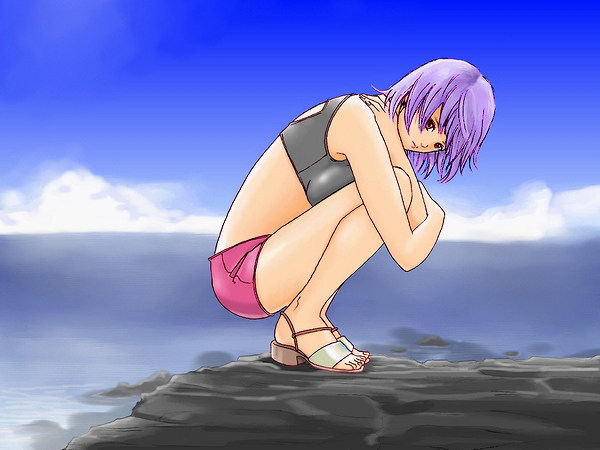 hybrid cat, ayane (doa), dead or alive, tecmo, bikini, bikini top only, midriff, ocean, purple hair, red eyes, sandals, short hair, shorts, swimsuit