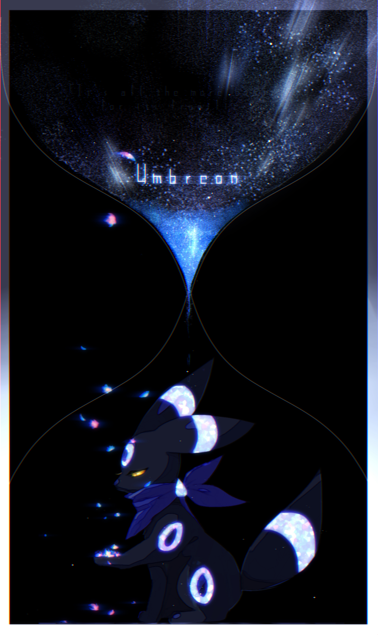 iogi (iogi k), umbreon, nintendo, pokemon, alternate color, animal focus, bandana, bandana around neck, black background, black theme, blue bandana, border, character name, chromatic aberration, clothed pokemon, colored sclera, from side, gen 2 pokemon, gradient border, half-closed eyes, hand up, holding, holding petal, hourglass, looking down, no humans, petals, pokemon (creature), profile, shiny pokemon, sitting, solo, yellow eyes, yellow sclera