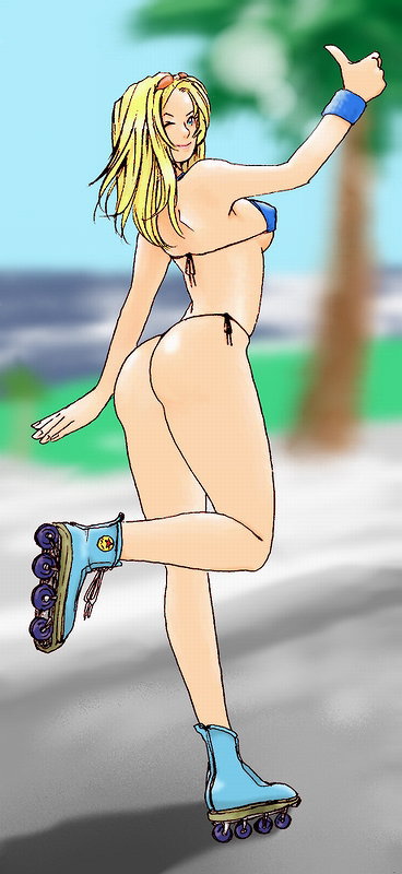 hybrid cat, tina armstrong, dead or alive, tecmo, 1girl, ass, bikini, blonde hair, blue eyes, day, inline skates, legs, micro bikini, one eye closed, roller skates, side-tie bikini bottom, skates, swimsuit, thong bikini, thumbs up, wink