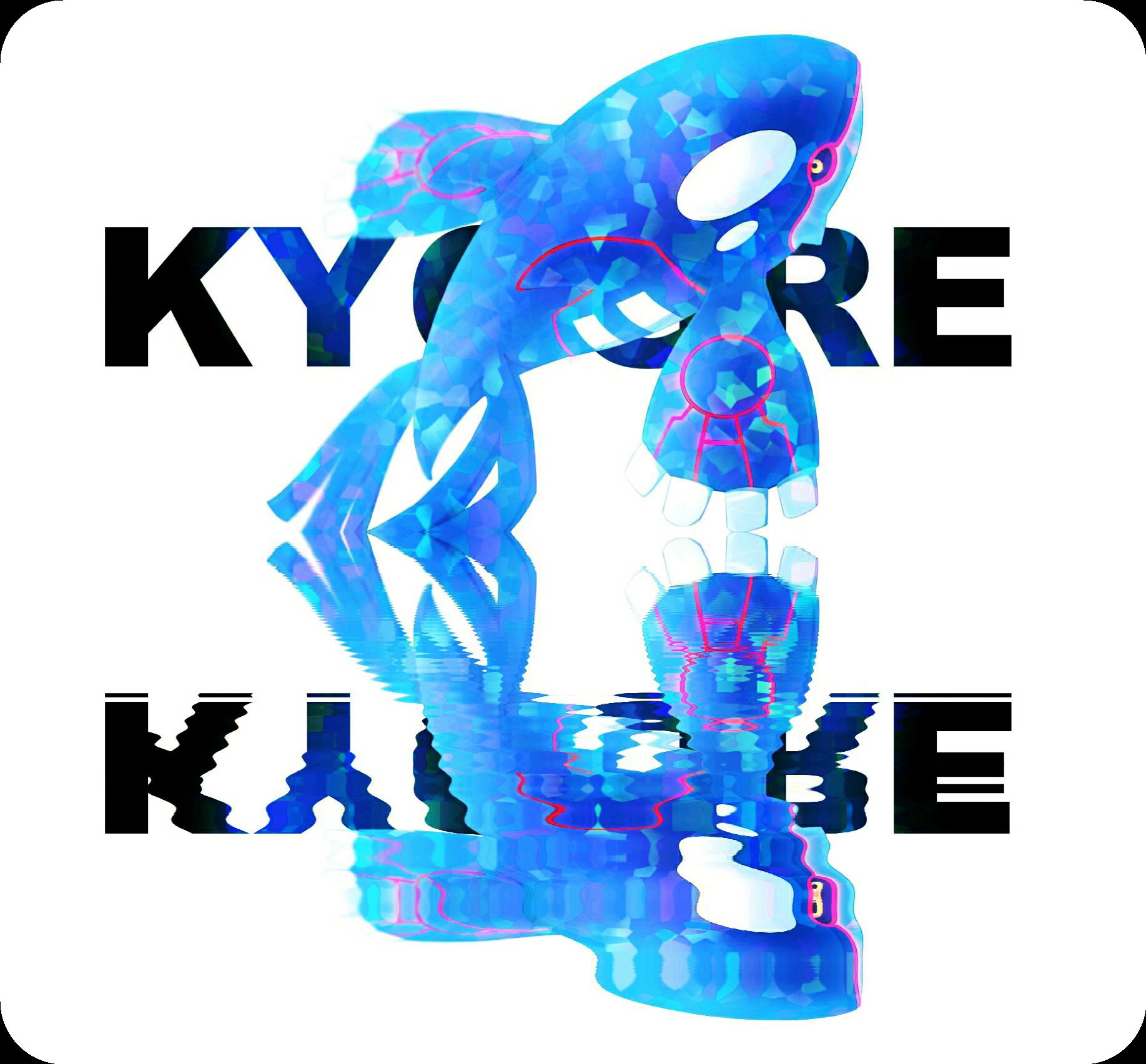 iogi (iogi k), kyogre, nintendo, pokemon, animal focus, black sclera, character name, colored sclera, from behind, full body, gen 3 pokemon, jumping, legendary pokemon, looking at viewer, looking back, no humans, pokemon (creature), reflection, ripples, solo, surfacing, symmetry, text background, white background, yellow eyes