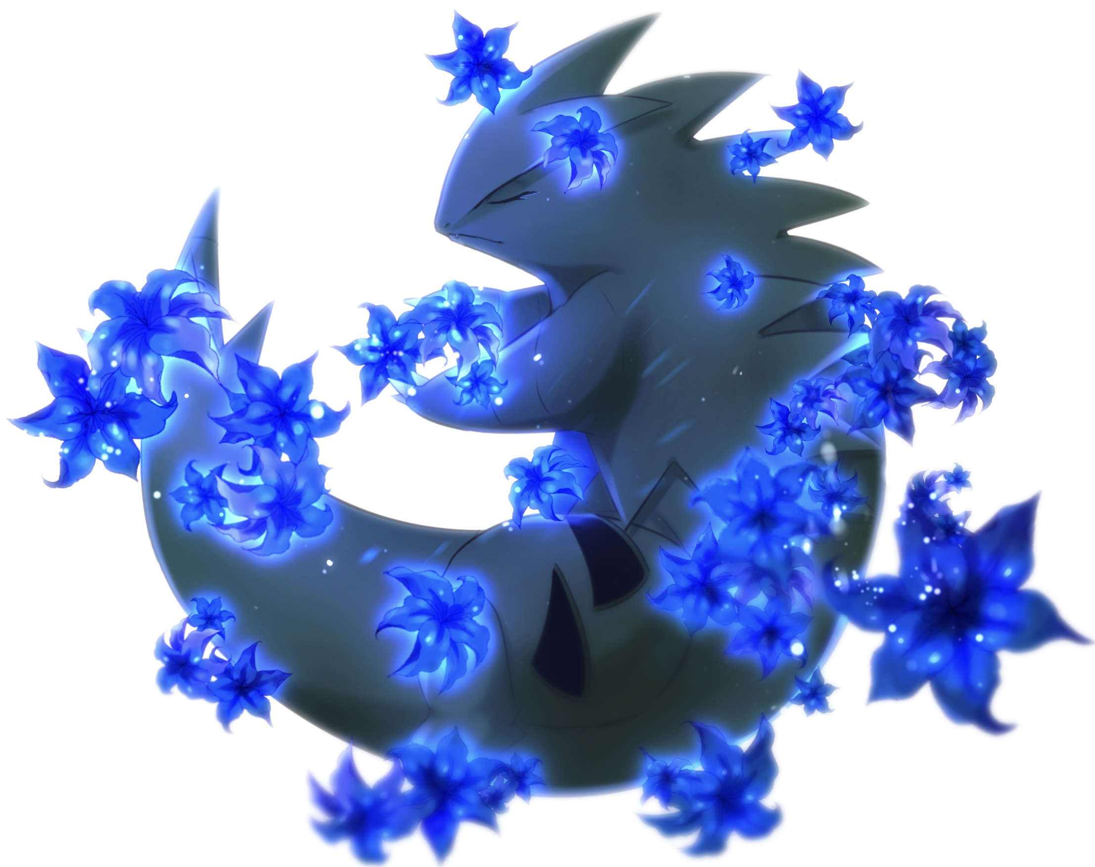 iogi (iogi k), tyranitar, nintendo, pokemon, animal focus, claws, closed eyes, closed mouth, flower, full body, gen 2 pokemon, glowing, glowing flower, gracidea, holding, holding flower, no humans, pokemon (creature), simple background, solo, u u, white background