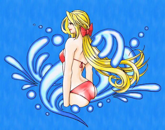 hybrid cat, helena douglas, dead or alive, tecmo, ass, bikini, blonde hair, blue eyes, bow, hair bow, long hair, ponytail, swimsuit, water