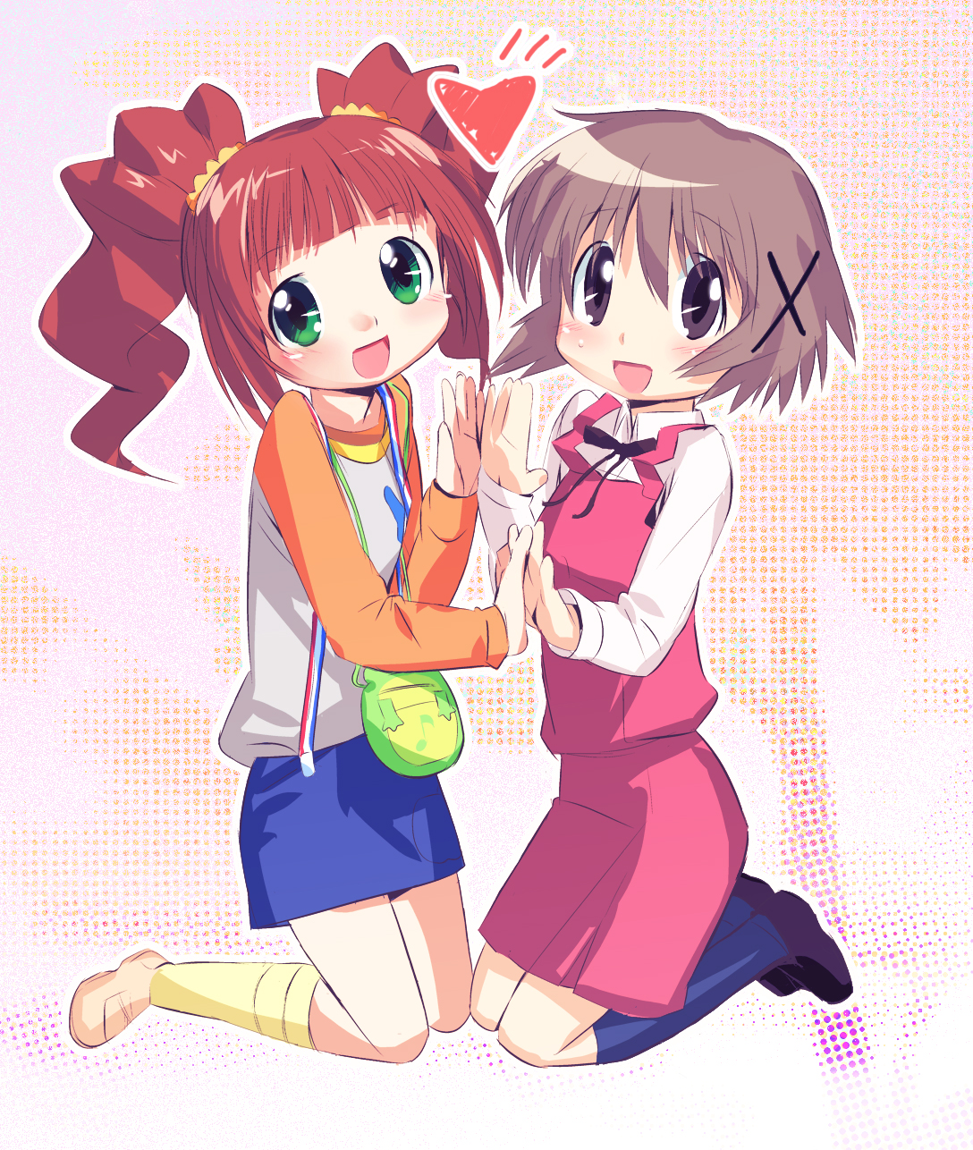 misagi nagu, takatsuki yayoi, yuno (hidamari sketch), hidamari sketch, idolmaster, idolmaster (classic), highres, 00s, 2girls, bag, blush, brown eyes, brown hair, crossover, green eyes, handbag, kneehighs, kneeling, multiple girls, school uniform, short hair, skirt, smile, socks, suspenders, symmetrical hand pose, twintails, yamabuki high school uniform