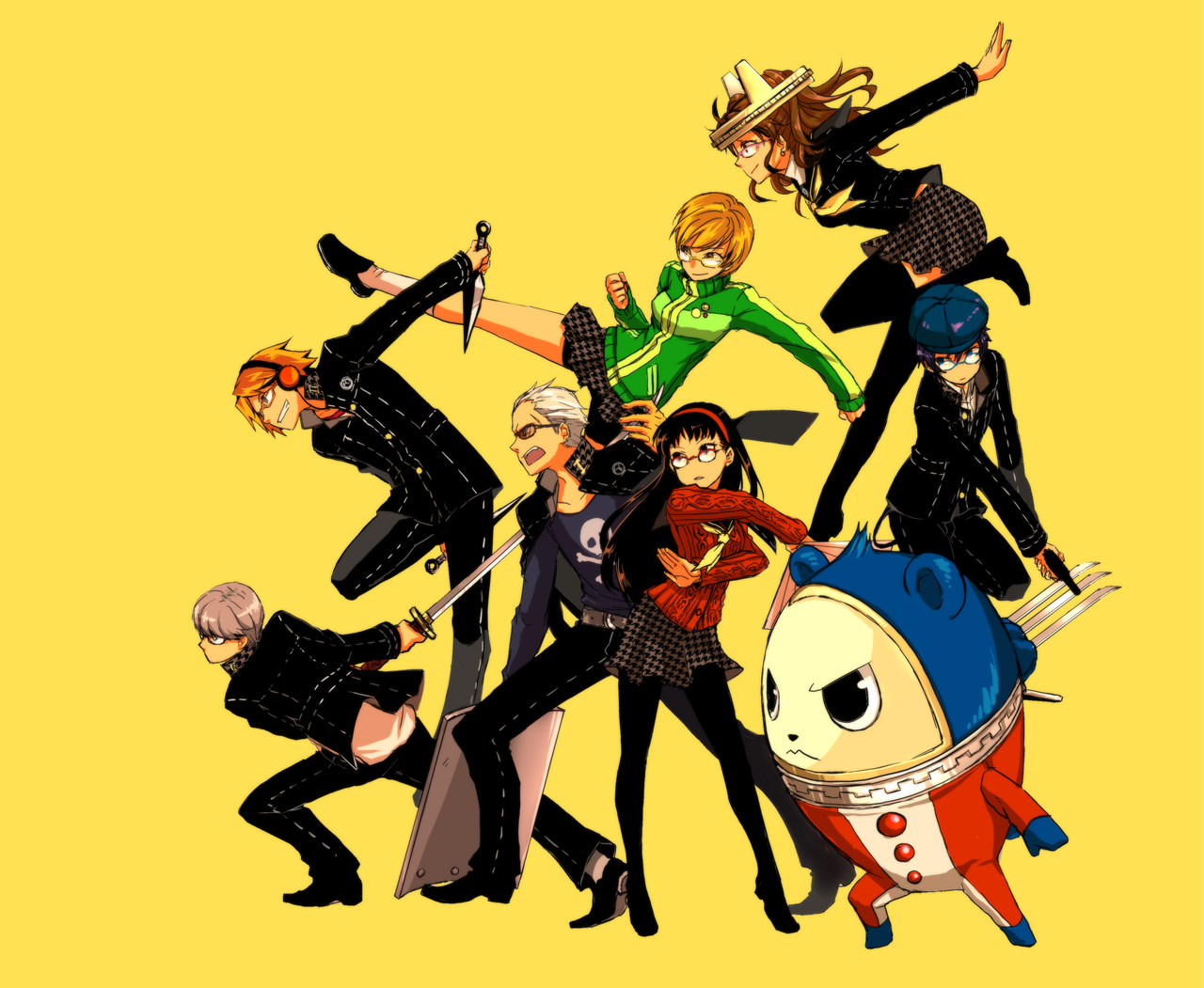 saeuchobab, tonkotsu ramen, amagi yukiko, hanamura yousuke, kujikawa rise, kuma (persona 4), narukami yu, satonaka chie, shirogane naoto, tatsumi kanji, atlus, persona, persona 4, black legwear, bad id, bad pixiv id, 3boys, 4girls, contrapposto, costume, everyone, flying kick, jacket, kicking, kunai, long sleeves, multiple boys, multiple girls, outstretched arms, pantyhose, school, school uniform, simple background, standing, track jacket, weapon, yellow background
