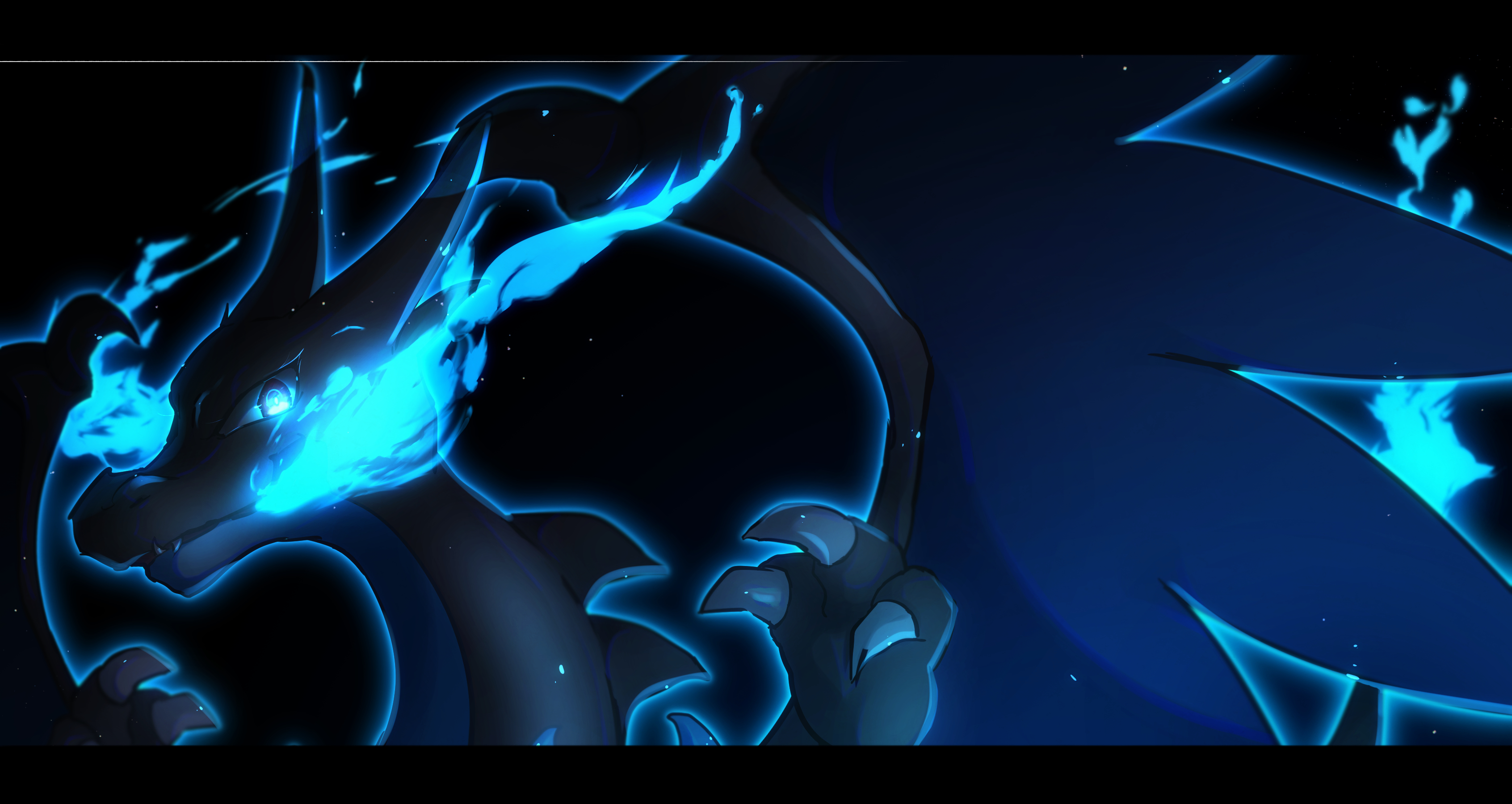 iogi (iogi k), charizard, mega charizard x, nintendo, pokemon, textless version, animal focus, black background, blue eyes, blue theme, breath weapon, breathing fire, claws, closed mouth, dark, dragon, fangs, fire, flame-tipped tail, gen 1 pokemon, glowing, hands up, looking at viewer, mega pokemon, no humans, pokemon (creature), simple background, solo, tail