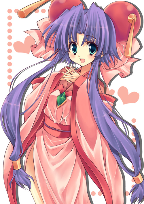 yukiwo, cherry (saber j), saber marionette j, bad id, bad pixiv id, 1990s (style), 1girl, blue eyes, bow, female focus, hair bow, hair ornament, japanese clothes, kimono, long hair, low-tied long hair, own hands clasped, own hands together, purple hair, retro artstyle, solo, sphere hair ornament, twintails