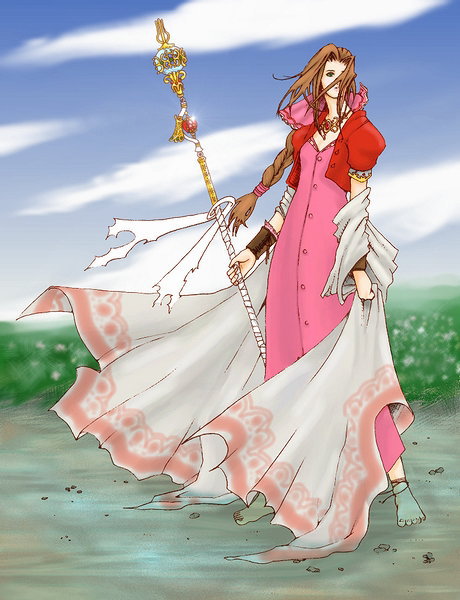 hybrid cat, aerith gainsborough, final fantasy, final fantasy vii, 1990s (style), 1girl, barefoot, braid, brown hair, cloud, day, dress, female focus, green eyes, hair ribbon, long dress, long hair, pink dress, retro artstyle, ribbon, robe, single braid, sky, solo, staff, very long hair