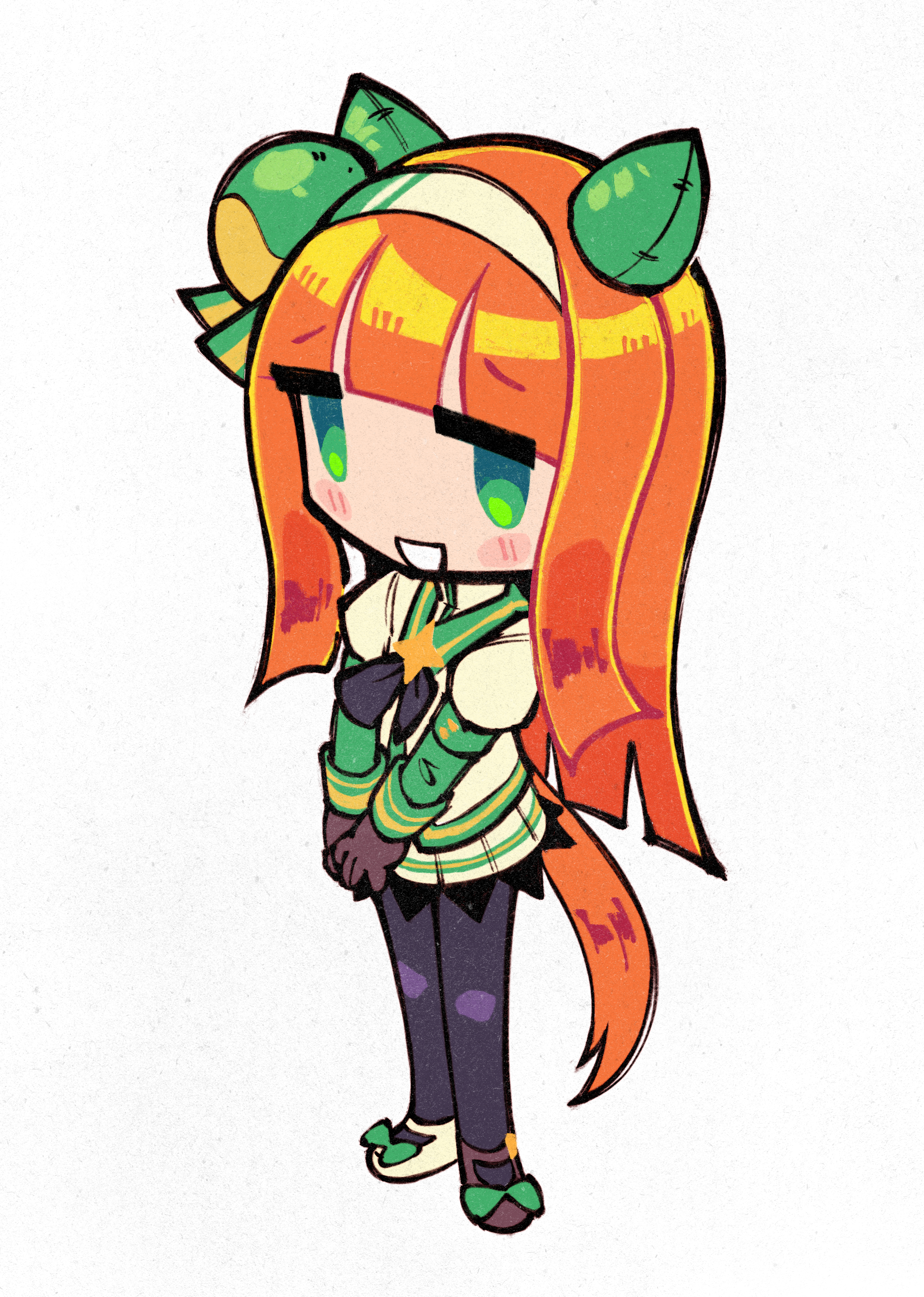 birdblitz, silence suzuka (innocent silence) (umamusume), silence suzuka (umamusume), umamusume, absurdres, commentary, english commentary, highres, 1girl, animal ears, black bow, black bowtie, black gloves, black pantyhose, blush, bow, bowtie, chibi, chibi only, ear covers, full body, gloves, green eyes, green skirt, hairband, horse ears, horse girl, horse tail, looking at viewer, own hands together, pantyhose, red hair, simple background, skirt, solo, tail, white background