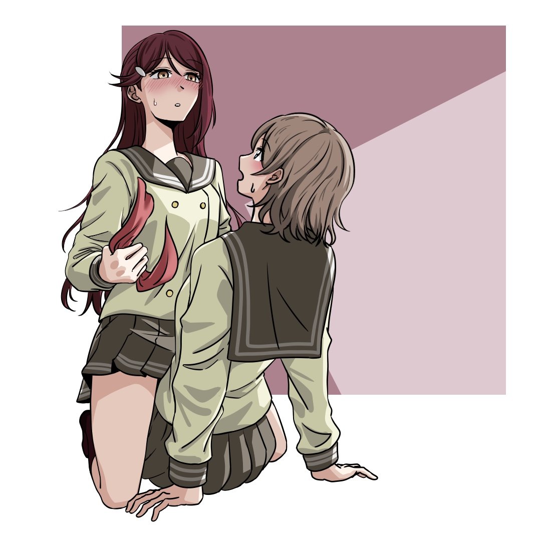 cottonswab336, sakurauchi riko, watanabe you, love live!, love live! sunshine!!, 2girls, blush, looking down, looking up, multiple girls, school uniform, sitting, sitting on person, undressing, yuri