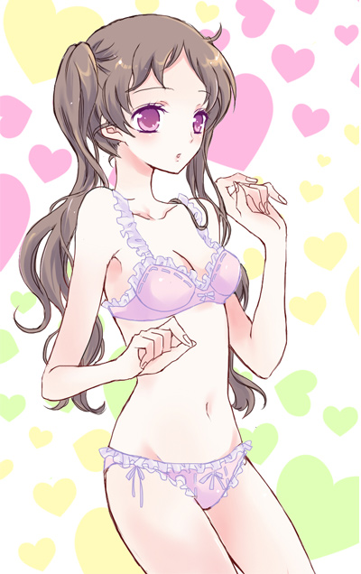 kanai (mahoro), kapera (gyosyaza), rolo lamperouge, roloko, code geass, bad id, bad pixiv id, 00s, 1girl, bra, breasts, brown hair, cleavage, female focus, genderswap, genderswap (mtf), lingerie, long hair, medium breasts, panties, purple eyes, solo, twintails, underwear, underwear only