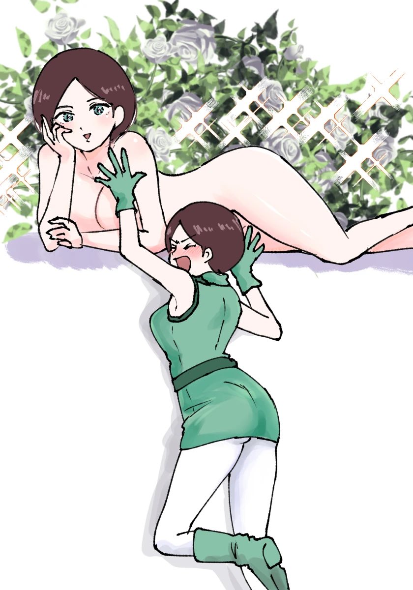 banao (vanaokun), emma sheen, gundam, zeta gundam, highres, 1girl, aeug, belt, blush, breasts, brown hair, closed mouth, completely nude, embarrassed, gloves, green eyes, large breasts, military, military uniform, nude, open mouth, short hair, sleeveless, smile, thighhighs