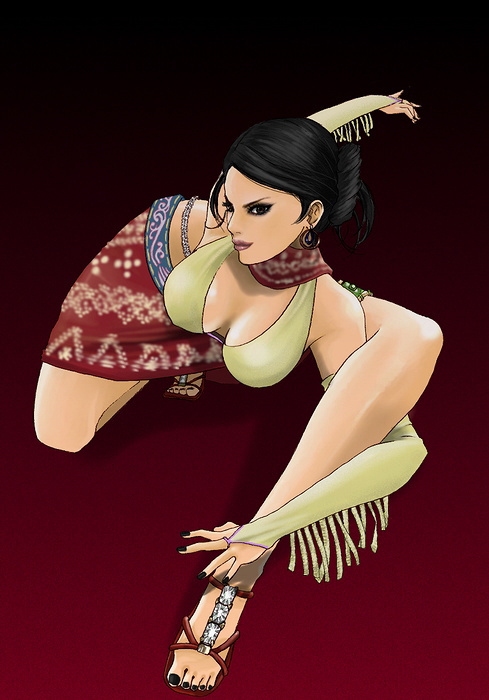 hybrid cat, zafina, tekken, tekken 6, 1girl, breasts, brown eyes, cleavage, contortion, detached sleeves, earrings, flexible, hair bun, jewelry, large breasts, lipstick, makeup, nail polish, sandals, short hair, single hair bun, skirt