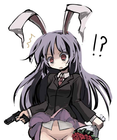 gatau, reisen udongein inaba, touhou, lowres, !, !?, 1girl, ?, animal ears, blazer, bouquet, clothes lift, female focus, flower, gun, jacket, long hair, necktie, no panties, plant, purple hair, pussy, rabbit ears, red eyes, rose, skirt, skirt lift, solo, weapon, white background
