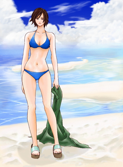 hybrid cat, kazama asuka, tekken, 1girl, beach, bikini, brown eyes, brown hair, day, legs, ocean, outdoors, sandals, short hair, swimsuit