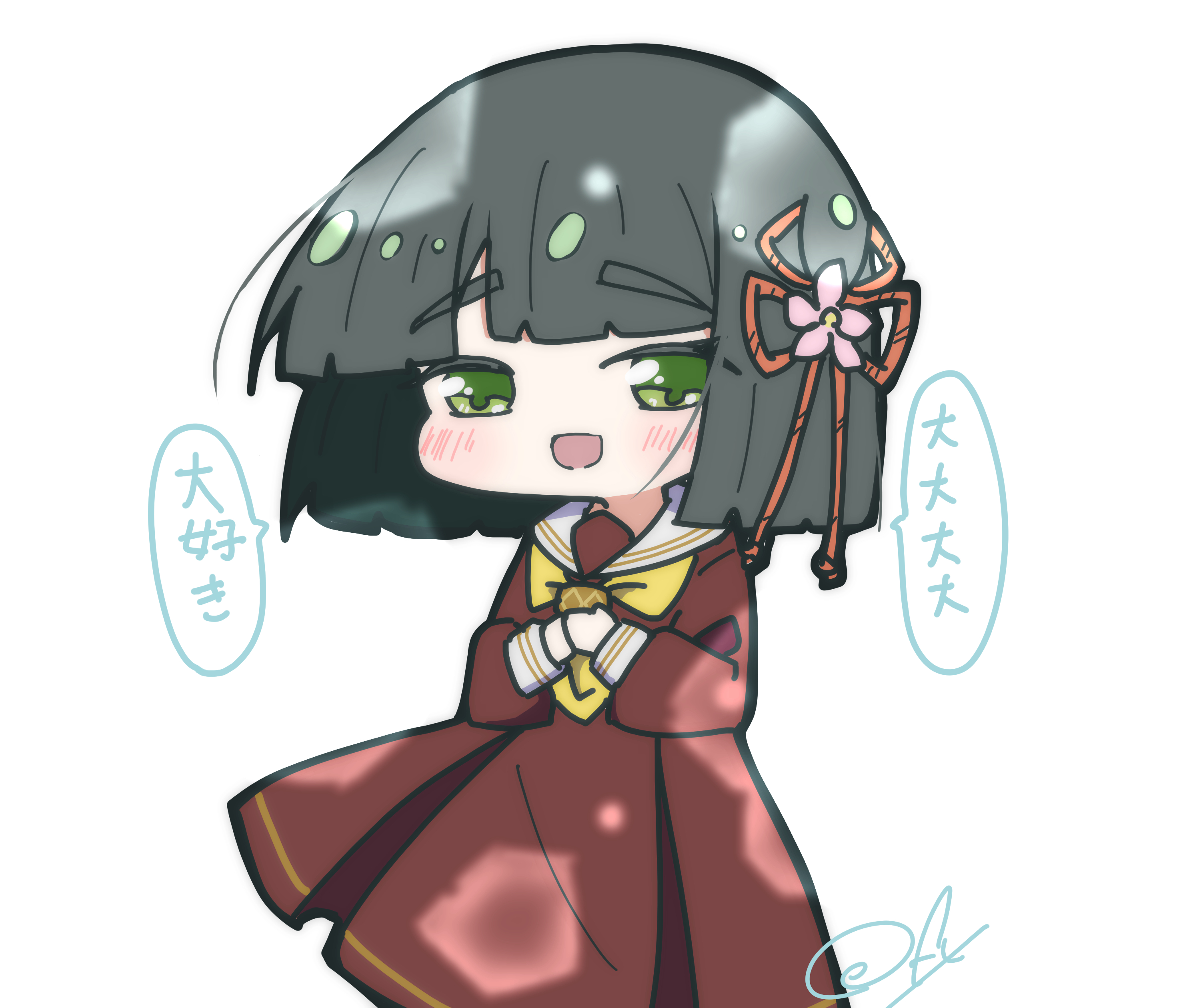 oofushi ao, momose ginko, link! like! love live!, love live!, absurdres, commentary, highres, 1girl, :d, black hair, blunt bangs, blunt ends, blush, blush stickers, bob cut, brown dress, chibi, chibi only, colored speech bubble, dress, green eyes, hasu no sora school uniform, long sleeves, looking at viewer, medium dress, neckerchief, non-circular lens flare, open mouth, pleated dress, sailor collar, sailor dress, school uniform, short hair, simple background, smile, solo, speech bubble, virtual youtuber, white background, white sailor collar, winter uniform, yellow neckerchief