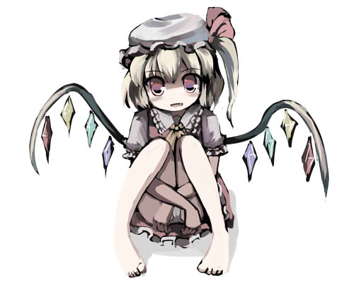 gatau, flandre scarlet, touhou, lowres, 1girl, barefoot, blonde hair, dress, fang, feet, female focus, full body, hat, panties, pantyshot, red eyes, short hair, side ponytail, sitting, solo, underwear, white background, wings