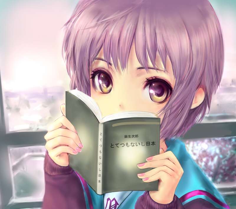 mamoru, mamoru (mamoru jinja), nagato yuki, suzumiya haruhi no yuuutsu, 00s, 1girl, book, female focus, purple eyes, purple hair, school, school uniform, serafuku, short hair, solo