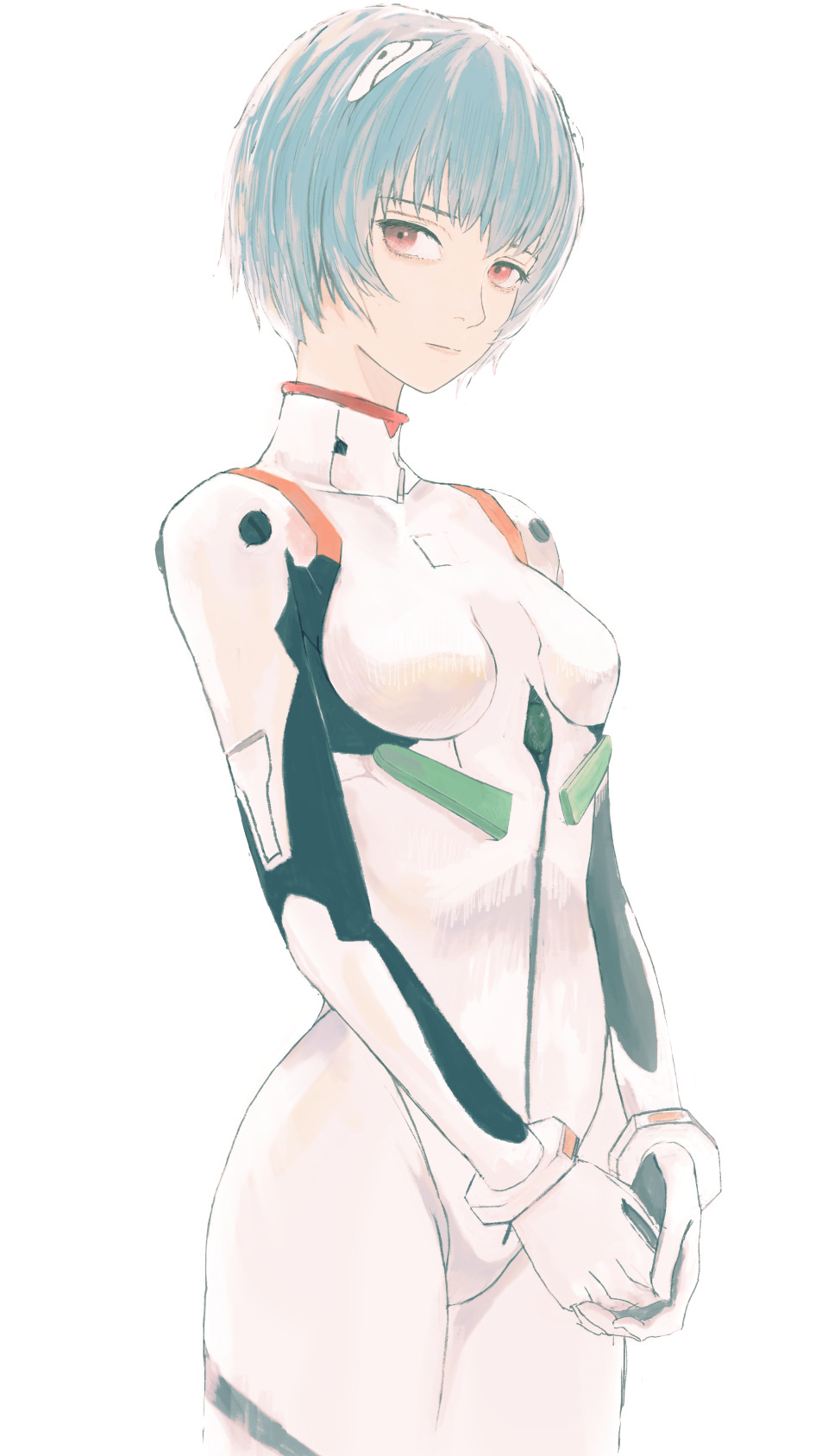 ayanami rei, neon genesis evangelion, commentary, highres, 1girl, blue hair, bodysuit, breasts, expressionless, fujiya86, interface headset (evangelion), looking at viewer, mecha pilot suit, own hands together, plugsuit (evangelion), red eyes, short hair, simple background, solo, standing, white background, white bodysuit
