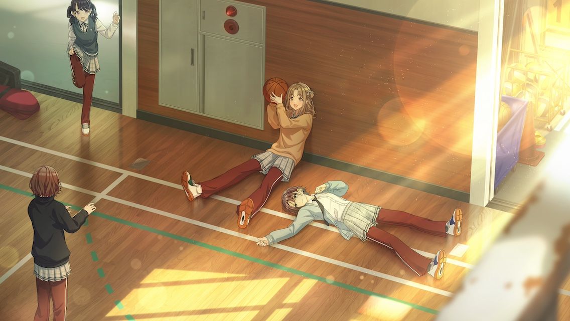 asakura toru, fukumaru koito, higuchi madoka, ichikawa hinana, noctchill (idolmaster), idolmaster, idolmaster shiny colors, game cg, official art, 4girls, ball, basketball (object), basketball court, black hair, brown hair, cone, holding, lying, multiple girls, necktie, one leg raised, open mouth, pants, purple hair, red hair, shirt, sitting, skirt, storage room, sunlight, white shirt, wooden floor