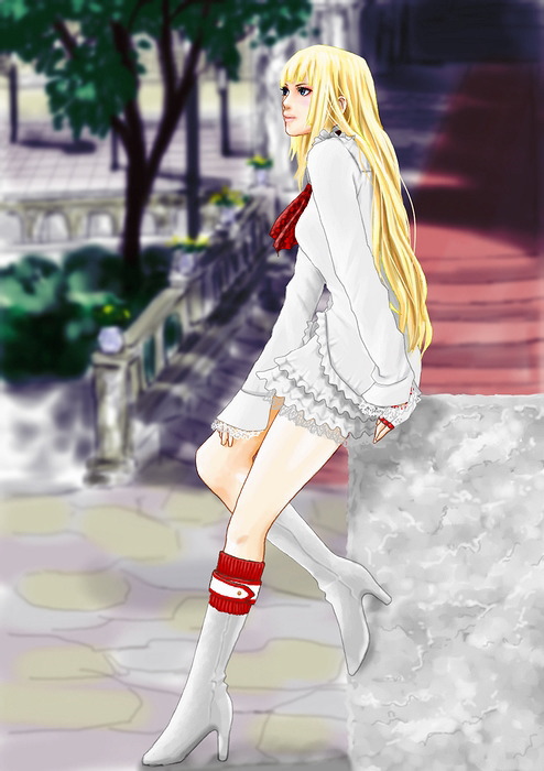 hybrid cat, emilie de rochefort, namco, tekken, tekken 5 (dark resurrection), 1girl, blonde hair, blue eyes, boots, dress, fingerless gloves, frills, gloves, knee boots, legs, long hair, skirt