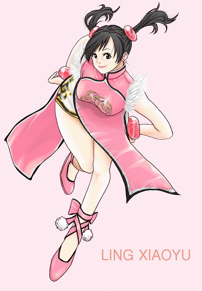 hybrid cat, ling xiaoyu, tekken, black hair, brown eyes, character name, china dress, chinese clothes, dress, legs, lips, smile, twintails