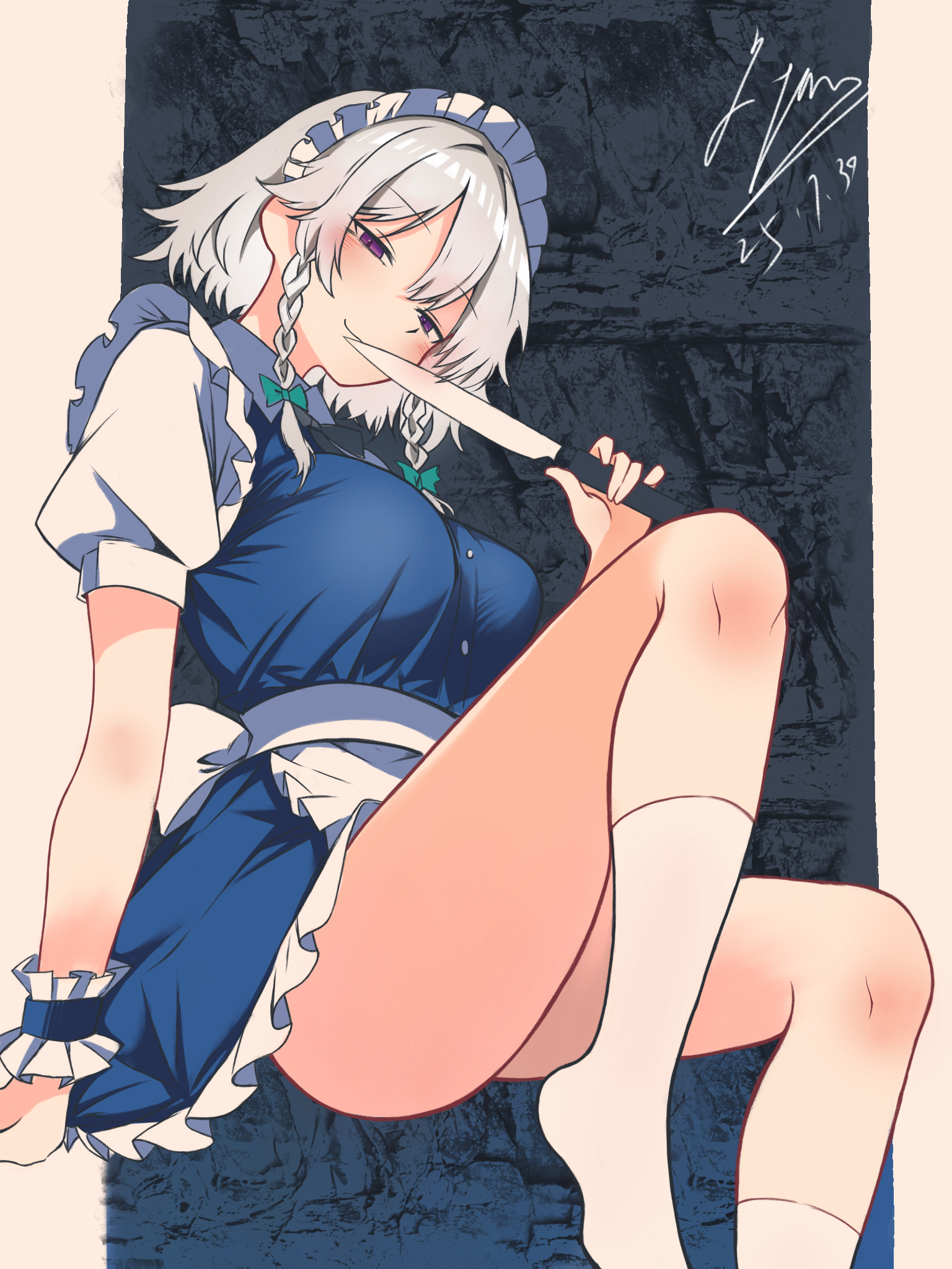 fliex, izayoi sakuya, touhou, commentary, highres, 1girl, apron, arm support, ass, bare legs, blue dress, blush, bow, braid, braided sidelock, breasts, dated, dress, foot out of frame, frilled apron, frilled wristband, frills, green bow, grey hair, hair bow, holding, holding knife, invisible chair, knife, looking at viewer, maid, maid apron, maid headdress, medium breasts, no shoes, petticoat, pillarboxed, pinafore dress, puffy short sleeves, puffy sleeves, red eyes, shirt, short hair, short sleeves, signature, sitting, sleeveless, sleeveless dress, smile, socks, solo, twin braids, waist apron, white apron, white shirt, white socks